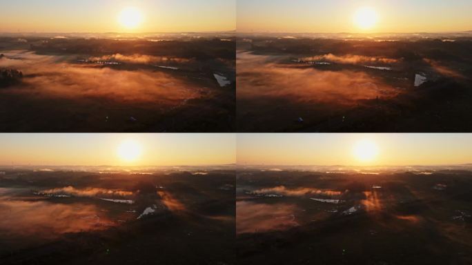 大地秋天晨雾日出大气田园风光