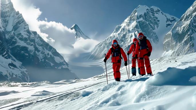 团队徒步励志攀登雪山奋斗登顶登山勇攀高峰