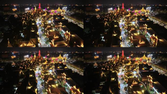 云南德宏州芒市傣族古镇城市夜景航拍风光