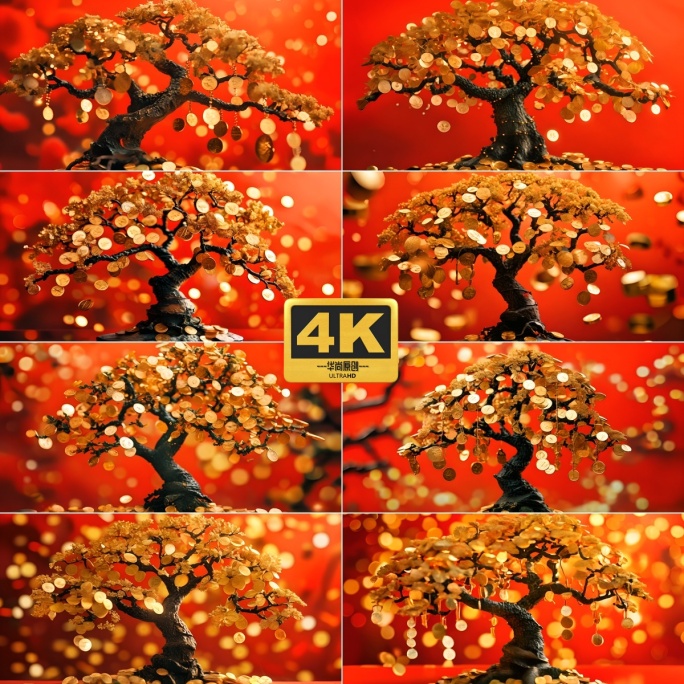 4k喜庆红色背景摇钱树