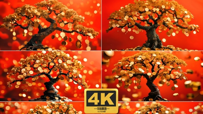 4k喜庆红色背景摇钱树