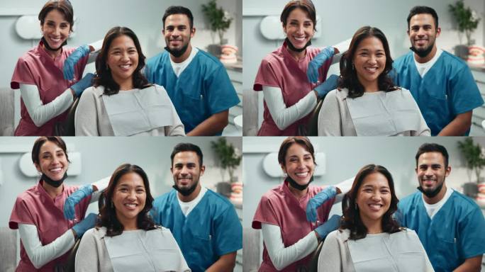 在口腔卫生、牙齿美白、清洁或检查时，微笑面对牙医和门诊病人。肖像，女人和男人有信心的牙齿健康，蛀牙搜