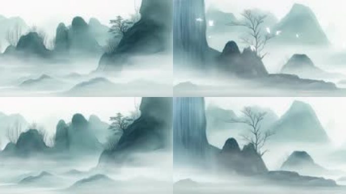 8K宽屏青色水墨山水背景国风意境水墨山水