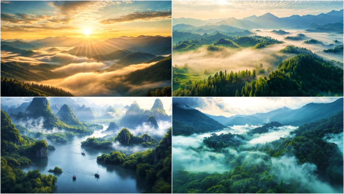 航拍森林山脉峡谷穿越云层山川河流花草树木