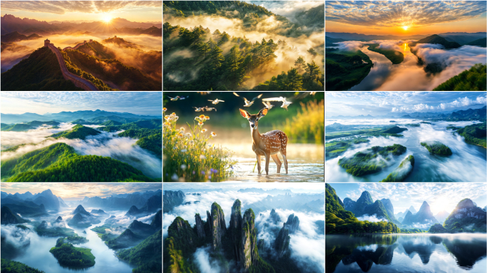 航拍森林山脉峡谷穿越云层山川河流花草树木