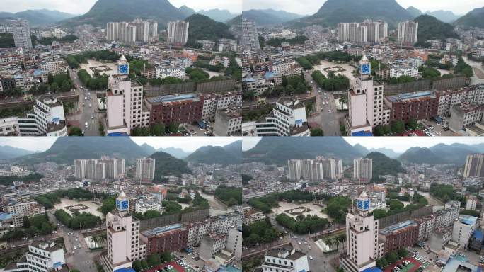 航拍富宁钟楼建设大厦