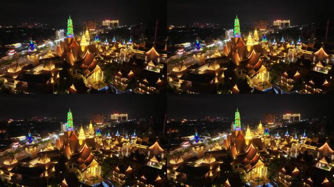 云南德宏州芒市傣族古镇城市夜景航拍风光