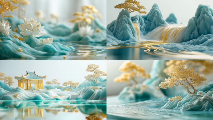 鎏金玉石中式山水古风舞台背景合集