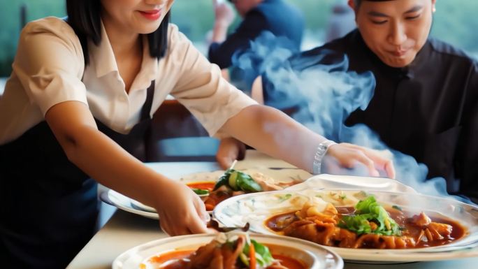 餐馆里的年轻女服务员为客人端上热菜