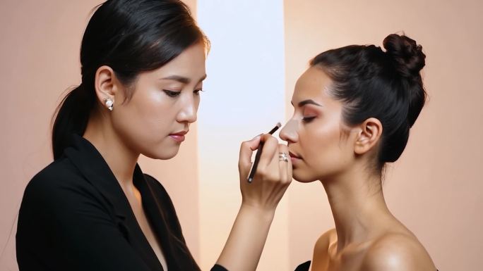化妆间里的年轻女化妆师为模特做定妆