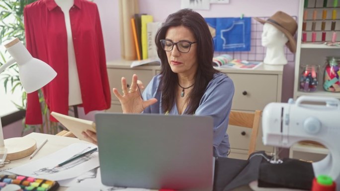 一名成熟的西班牙裔妇女在一家色彩缤纷的裁缝店工作室里工作，她使用缝纫机、布料和人体模型，反映出她的创