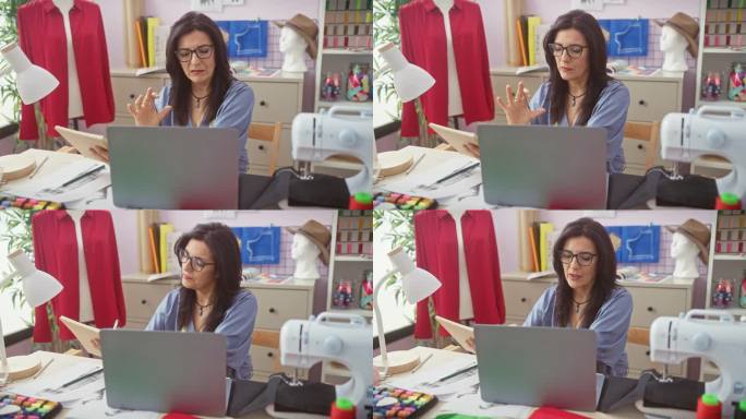 一名成熟的西班牙裔妇女在一家色彩缤纷的裁缝店工作室里工作，她使用缝纫机、布料和人体模型，反映出她的创