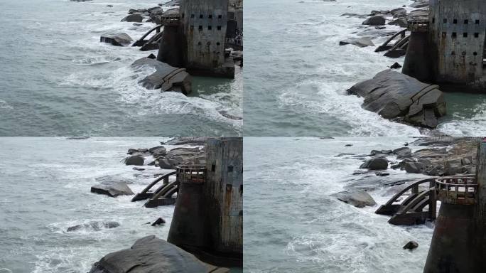 航拍汕尾红海湾海上古堡浪花拍打废弃建筑