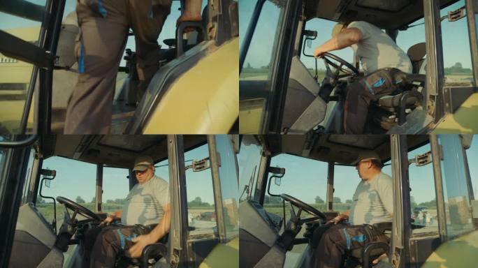 农民爬进拖拉机驾驶室坐在驾驶座上:准备一天的工作