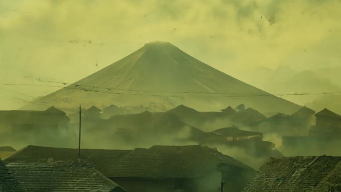 火山灰覆盖了村庄后的末日景象