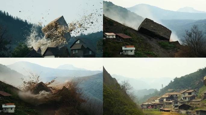 巨石滚落砸毁山脚下的房屋