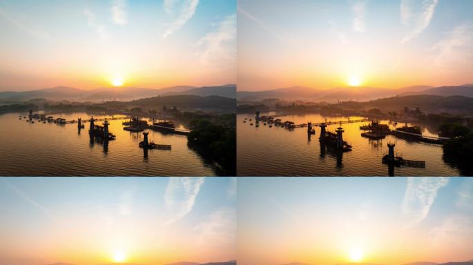 无锡影视基地三国水浒城太湖晨雾日出延时