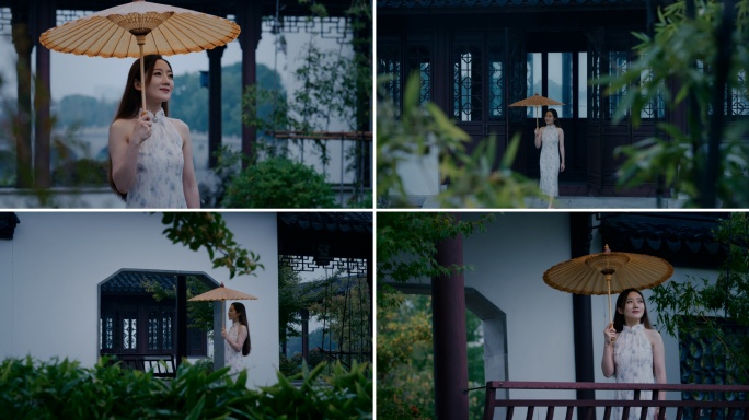 唯美诗情画意江南旗袍园林美女打伞