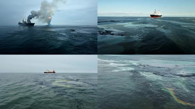 油轮漏油后海面上弥漫的黑油 海洋污染