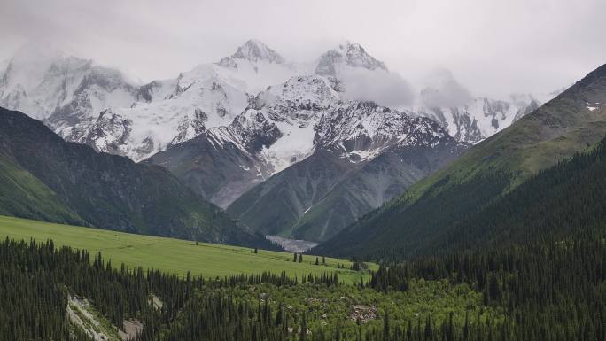 新疆伊犁昭苏夏塔古道雪山森林航拍自然风光