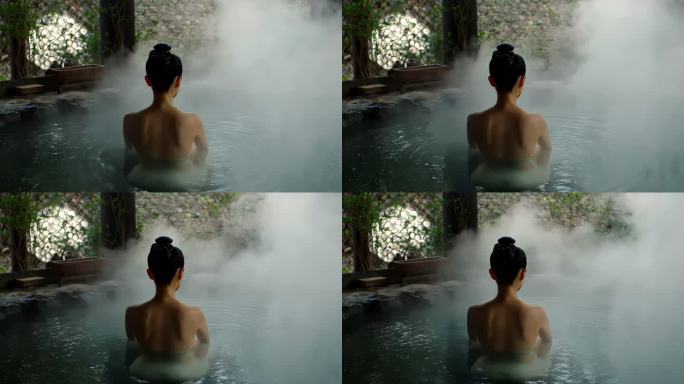 女子户外泡温泉背影