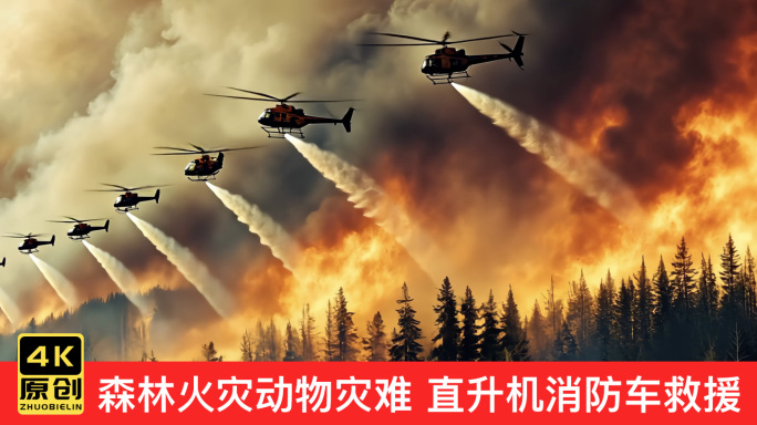 森林火灾 直升机消防车救援 动物灾难