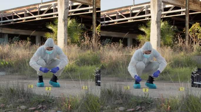 法医，dna和犯罪现场的道路，户外和拭子用于医学研究，测试和调查。个人防护装备，科学家和有杀人证据的