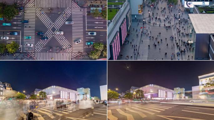 十字路口步行街斑马线人流航拍移动延时合集