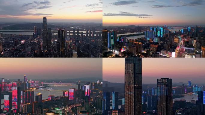 4K航拍长沙市中心区日落蓝调夜景素材合集