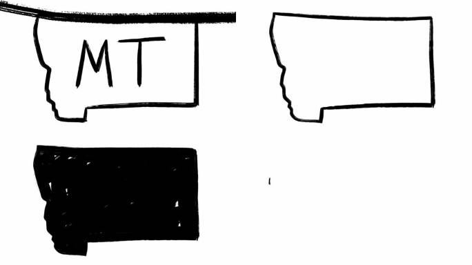 美国地图和蒙大拿州在白色背景上手写的黑色等高线