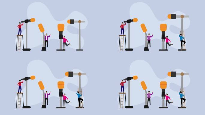 现场报道的概念，采访，记者手中的大麦克风。实时新闻模板卡通动画