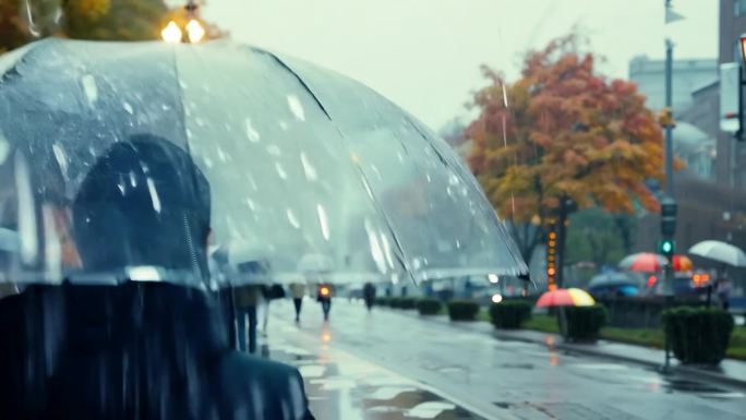 下雨城市街道 雨中打伞的行人 秋雨