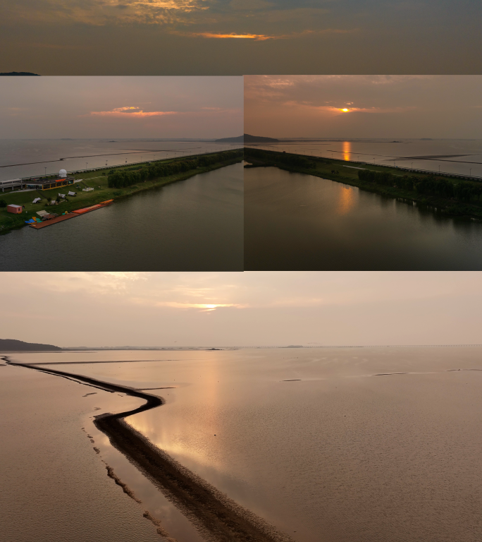 石臼湖暮色航拍：夕阳下的金色滩涂与S湾