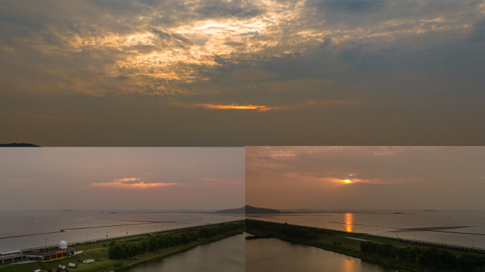 石臼湖暮色航拍：夕阳下的金色滩涂与S湾