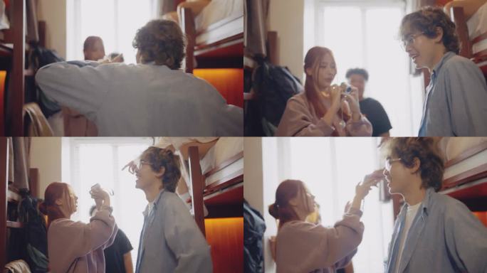 不同的旅游团到达了旅馆。一起享受假期吧。