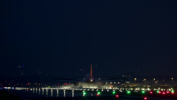 飞机在夜间降落在机场跑道上