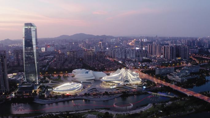 航拍梅溪湖日落晚霞喷泉夜景