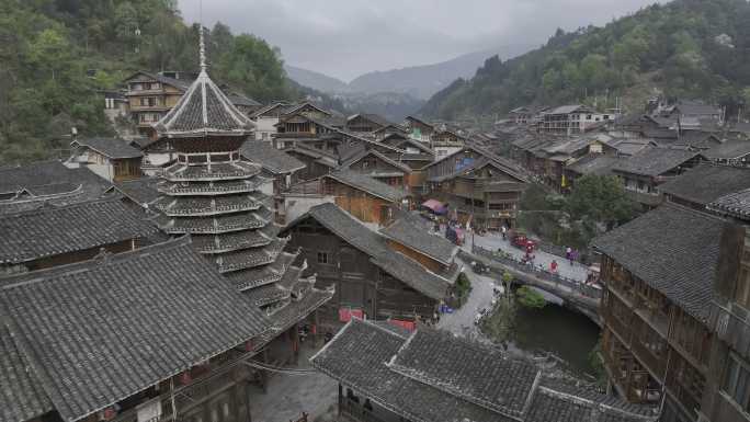 贵州黔东南肇兴侗寨古村落航拍鼓楼建筑风光