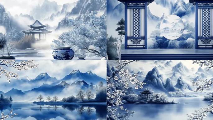 宽屏青花瓷山水国风背景