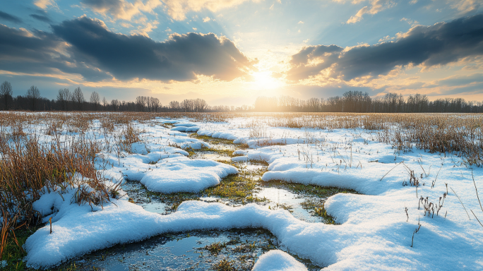 春天冰雪融化小溪冰花