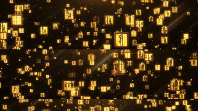 8k万家灯火温馨金色粒子窗户剪影