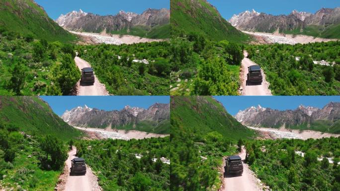 西藏布加冰川丛林里行驶的越野车