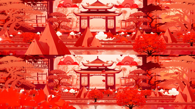 红色喜庆剪纸山水画舞台大屏背景音乐素材