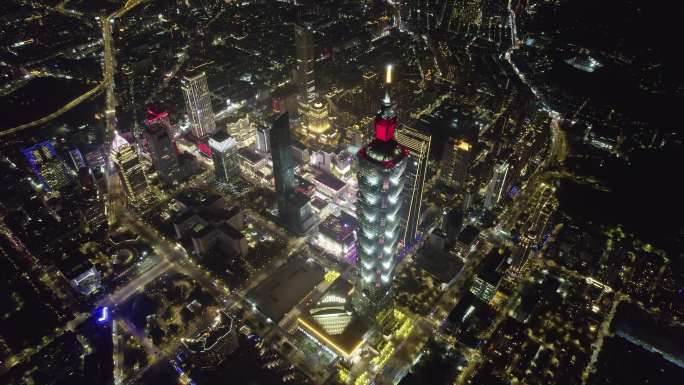 台湾台北101大楼夜景航拍【正版素材】