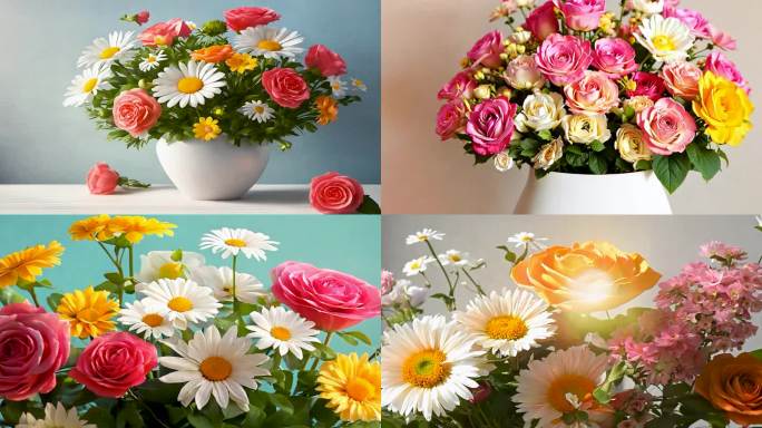 盛开的鲜花插在花瓶里