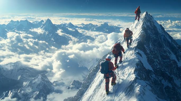 团队徒步励志攀登雪山奋斗登顶登山勇攀