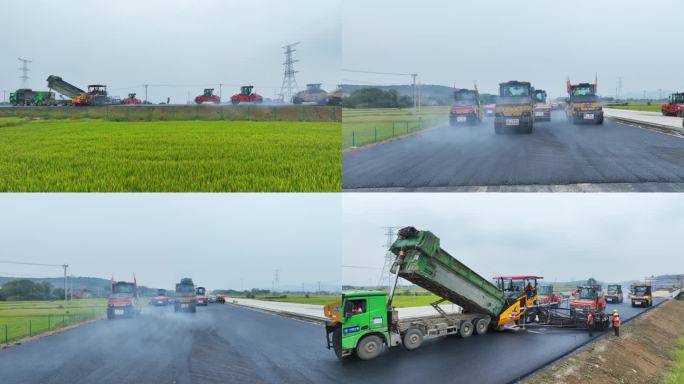 修路 高速公路施工 沥青 摊铺 压路机