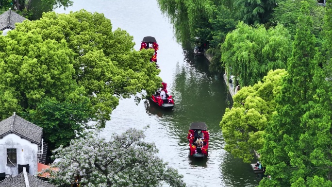 航拍西塘古镇花船江南水乡4k