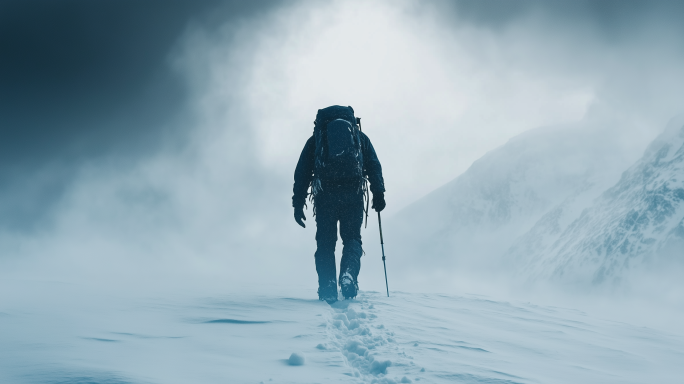 一个人独自攀登雪山脚步背影