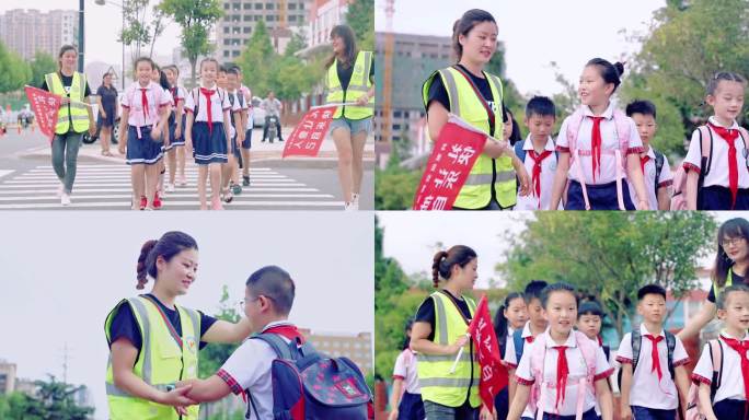 小学生过马路 志愿者 系红领巾